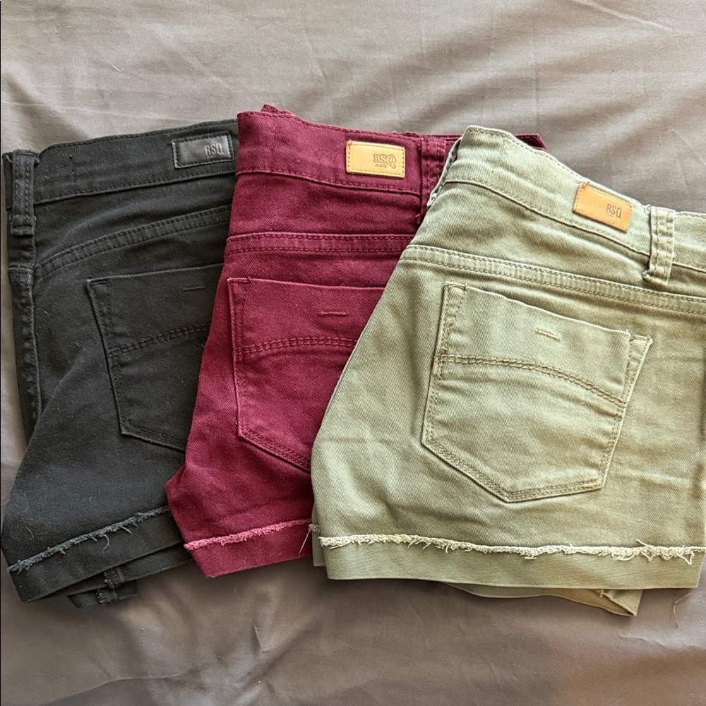 Set of 3 Tilly’s RSQ Malibu Women’s Frayed Hem Shorts - Olive, Burgundy, Black